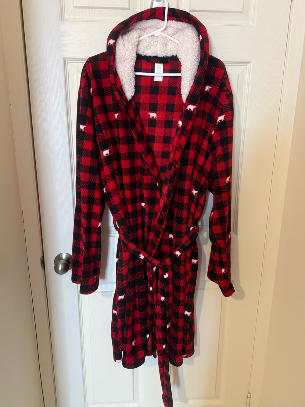 Cozy Plaid Hooded Fleece Robe - Red Buffalo Check with white polar bears